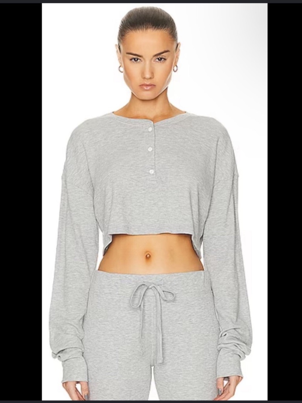 ÉTERNE Cropped Thermal Henley Top Heather Grey Size Large Great Condition